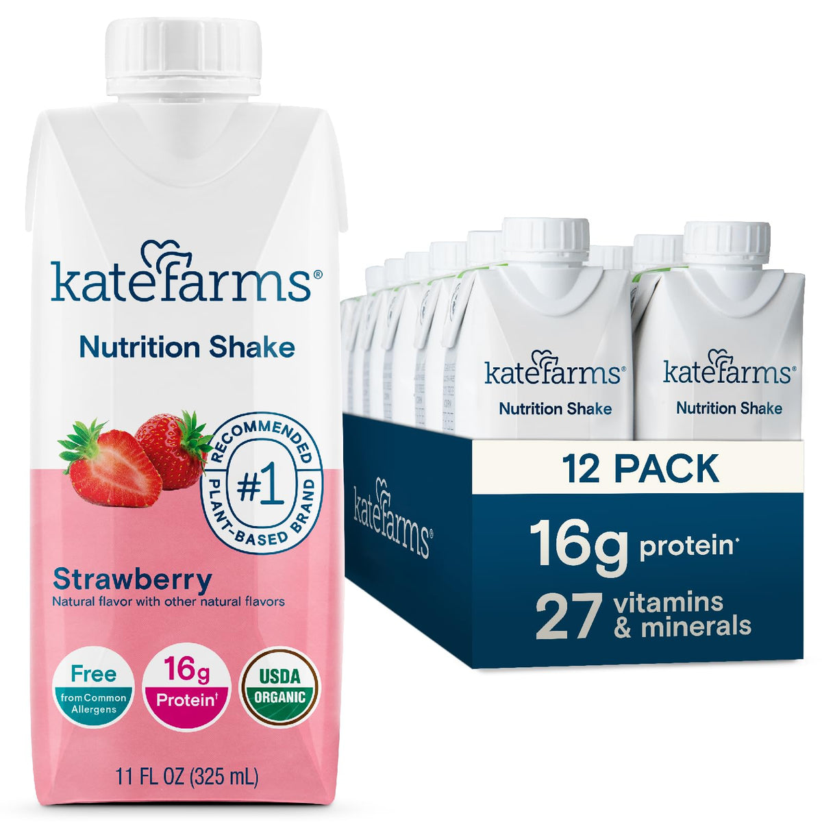 KATE FARMS Organic Nutrition Shake, Chocolate, 16g Protein, 27 Vitamins and Minerals, Meal Replacement Shake, 11 oz (12 Pack)